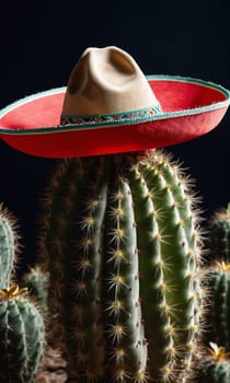 Mexican cactus with sombrero hat on red background