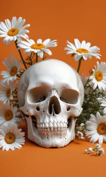 Skull and daisies on orange background. Halloween concept