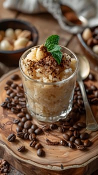 A comforting dish of rice pudding topped with coffee beans, served with a spoon on a wooden cutting board, a blend of sweet flavors and comforting texture