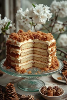 A stylish handmade cake with a cut-out piece stands on the stand of the kitchen table.