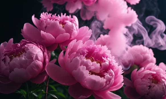 Beautiful pink peony flowers on dark background. Close up