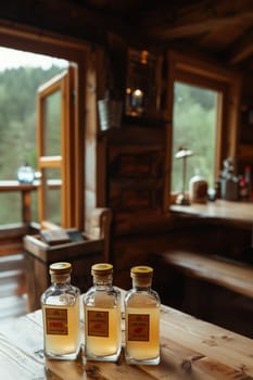 Three assorted bottles filled with liquid are placed on a rustic wooden table.