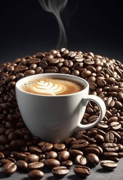 Cup of coffee with coffee beans on a black background, close up.