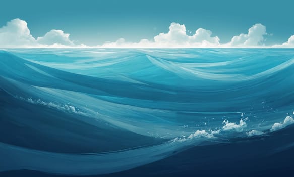 Blue ocean wave with white clouds and blue sky. illustration.