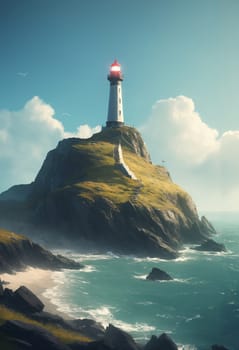 Lighthouse on a cliff in the middle of the ocean. Vintage style