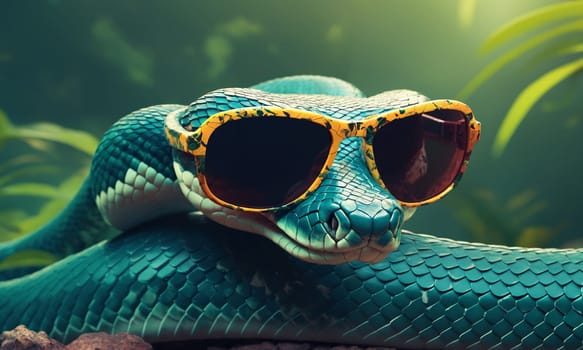 Blue snake with sunglasses on natural background