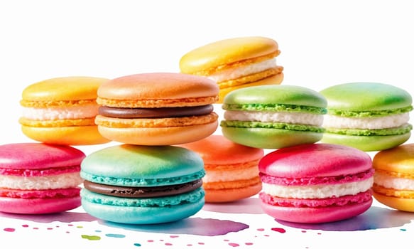 Colorful macaroons with watercolor splashes on white background.