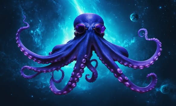 Blue octopus in space with stars and nebula 3D rendering.