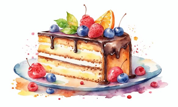 Watercolor illustration of a piece of cake with berries on a plate.
