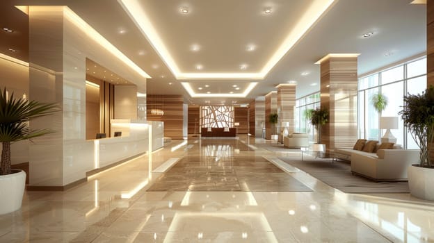 A beautiful modern spacious office hall with panoramic windows in pleasant natural beige tones.