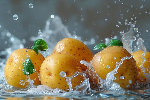 New potatoes floating in clear water. Close-up