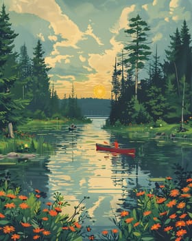 A serene painting of a person in a canoe, surrounded by lush plants and under a cloudy sky, showcasing the beauty of nature in a river landscape