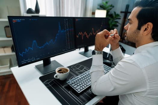 Smart trader businessman analyzing in two dynamic stock exchange investment screen on pc with investing highest profitable financial technology in searching market at modern home office. Surmise.