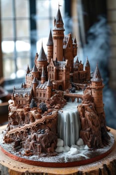 A designer large handmade chocolate cake castle stands on the table.
