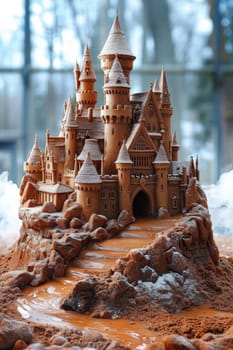 A designer large handmade chocolate cake castle stands on the table.