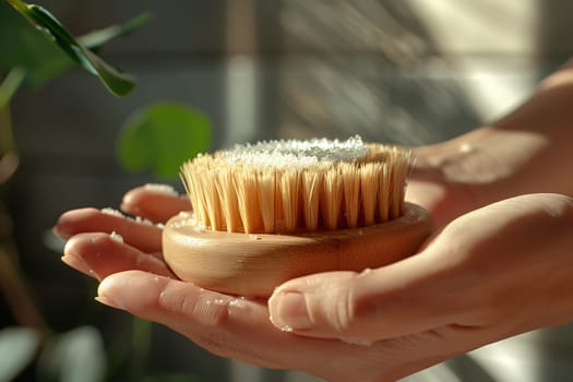 A person holding a wooden brush in their hands, ready to use it for grooming or cleaning purposes.