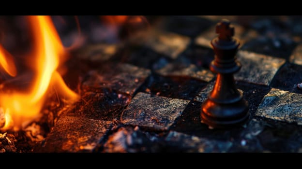 stylish black chess stands on a chessboard and a fire is burning around. Gloomy environment.