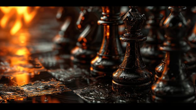 stylish black chess stands on a chessboard and a fire is burning around. Gloomy environment.