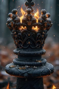 stylish black chess stands on a chessboard and a fire is burning around. Gloomy environment.
