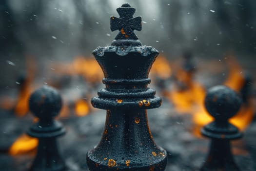 stylish black chess stands on a chessboard and a fire is burning around. Gloomy environment.