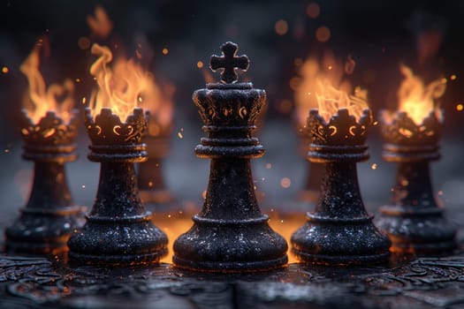 stylish black chess stands on a chessboard and a fire is burning around. Gloomy environment.