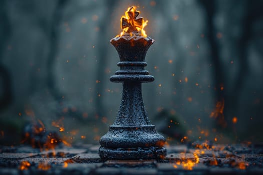 The chess king's piece is on fire in the street.