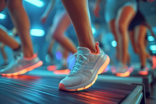 Close-up of a persons feet running in blue sneakers on a treadmill, illuminated by vibrant neon lights in an indoor fitness center.