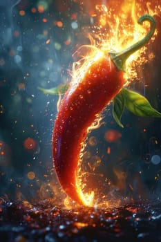 Fresh red chili pepper on fire. The concept of spicy food and spices.