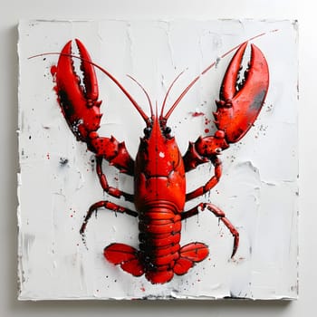 A rectangular painting of a red decapod crustacean, known as a lobster, prominently displayed on a white background. The intricate art captures the beauty of this arthropod in stunning detail