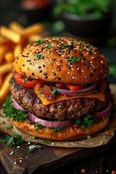 Burger with bacon, meat, cheese, tomatoes and herbs on the table. Close-up.