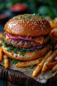 Burger with bacon, meat, cheese, tomatoes and herbs on the table. Close-up.