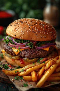 Burger with bacon, meat, cheese, tomatoes and herbs on the table. Close-up.