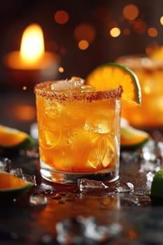 Cold and refreshing cocktail orange punch on a dark background.
