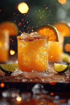 Cold and refreshing cocktail orange punch on a dark background.