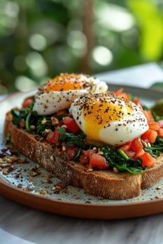 bruschetta with chard, spinach, poached egg is in a plate on the table.