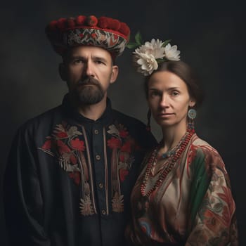 portrait of stereotype traditional style dressed slavic couple, generative ai. High quality photo