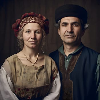 portrait of stereotype traditional style dressed slavic couple, generative ai. High quality photo