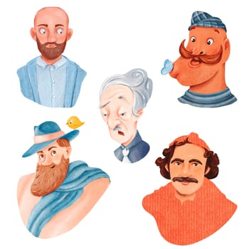 Watercolor cartoon set with men portrait