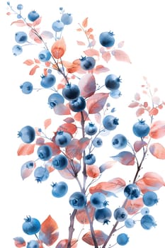 A creative arts piece featuring a bunch of blueberries and red leaves on a white background. The pattern is reminiscent of a painting or fashion accessory design