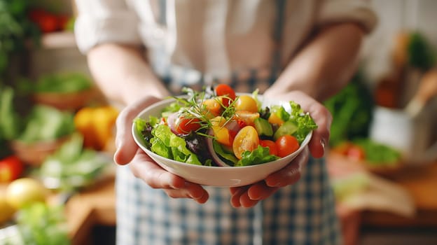 A close-up view of a person offering a bowl of colorful garden salad, with ripe tomatoes and leafy greens, in a home kitchen setting