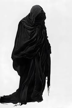 An electric blue scarf stole is draped over the grim reapers hood, creating a striking contrast in this black and white fashion design art piece
