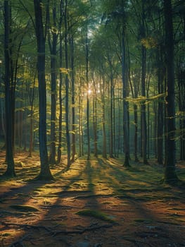 Shadows cast by a forest canopy on a woodland floor, creating a natural mosaic of light and dark.