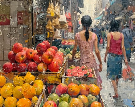 The vibrant hustle of a street market, captured in the colors and textures of goods.