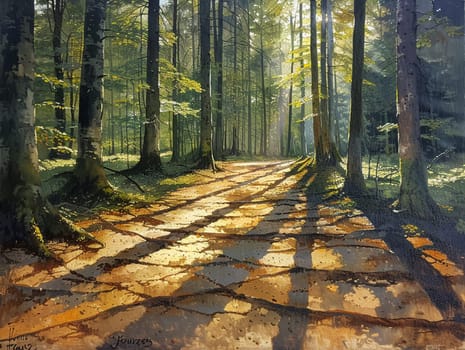 Shadows cast by a forest canopy on a woodland floor, creating a natural mosaic of light and dark.