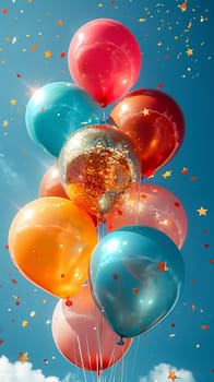 Vibrant balloons against a backdrop of a clear blue sky, symbolizing celebration and joy.