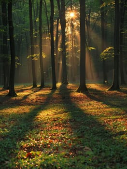 Shadows cast by a forest canopy on a woodland floor, creating a natural mosaic of light and dark.