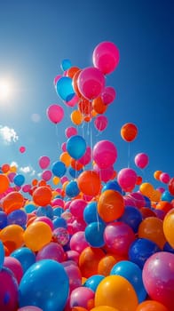 Vibrant balloons against a backdrop of a clear blue sky, symbolizing celebration and joy.