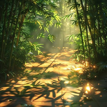 Sunlight casting shadows through a bamboo forest, representing tranquility and natural patterns.