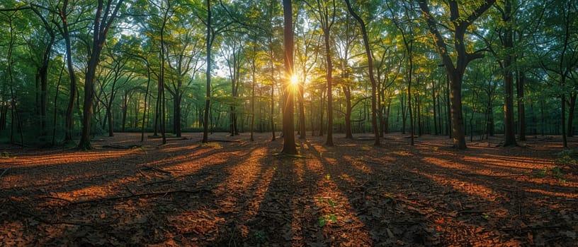 Shadows cast by a forest canopy on a woodland floor, creating a natural mosaic of light and dark.