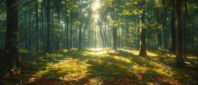 Shadows cast by a forest canopy on a woodland floor, creating a natural mosaic of light and dark.